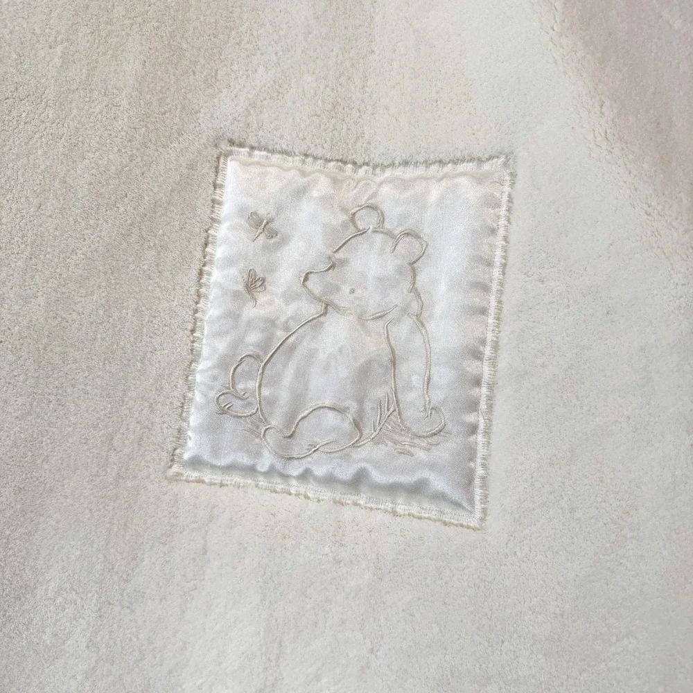 Classic Winnie The Pooh Satin Patch And Back Plush Blanket Cream Ivory Disney